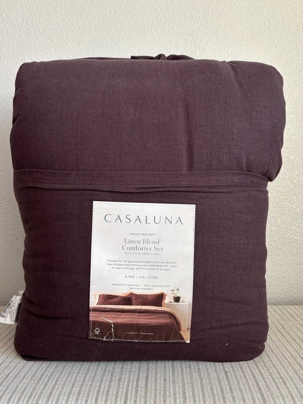 NWT King/California King Heavyweight Linen Blend Comforter and Sham Set Dark Fig
